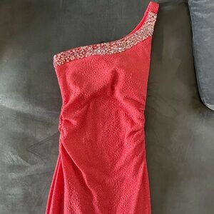 Windsor One Shoulder Coral Sparkly Dress, size Small.